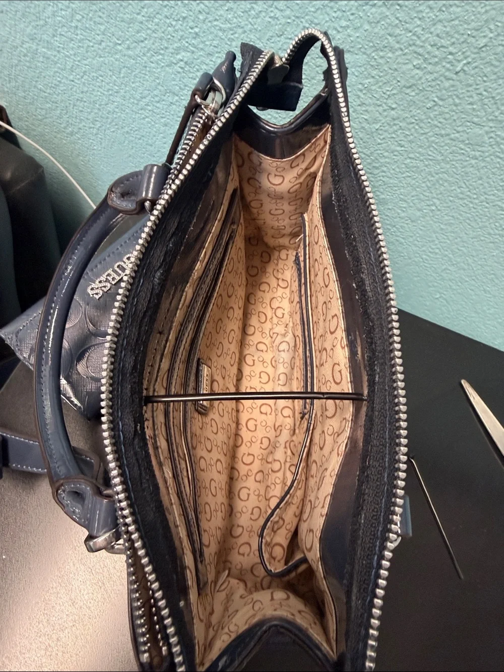 GUESS Navy Embossed Signature Satchel with Matching Wallet